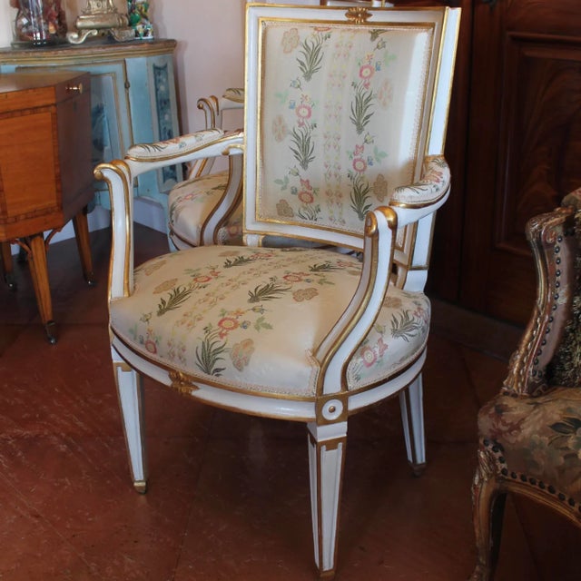 Pair of Swedish Gustavian Style Painted and Gilt Neoclassical Style Armchairs For Sale - Image 11 of 12