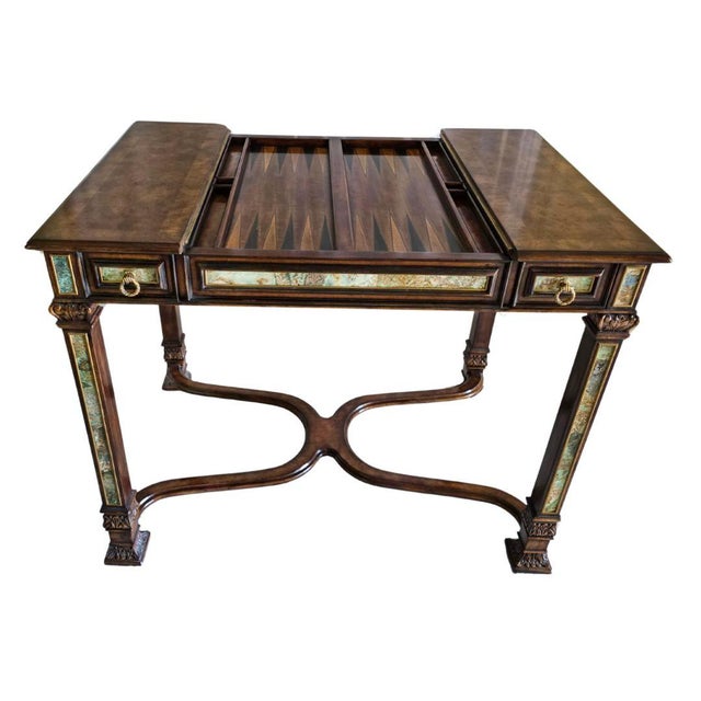 A rare Theodore Alexander pollard burl game table with semiprecious stone inlay and reversible chess, checkers, and...