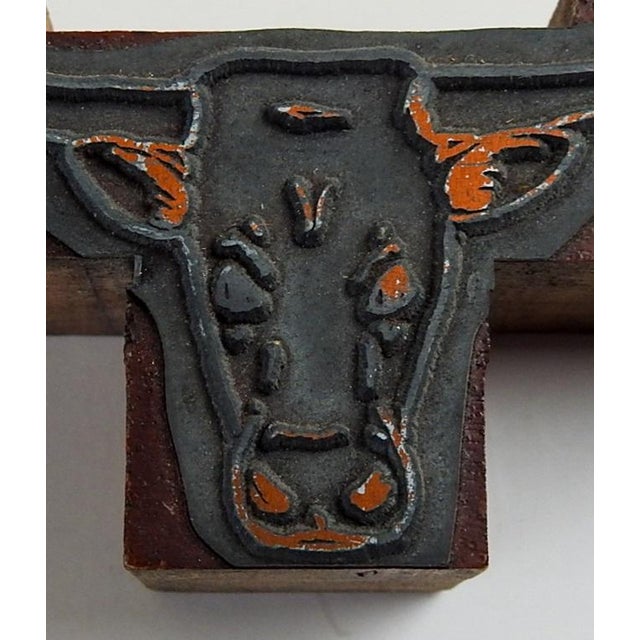 Vintage metal and wood printing block. Image of a Longhorn steer, bull or cow. 3 1/4" x 1 1/2" x 7/8", some surface wear.