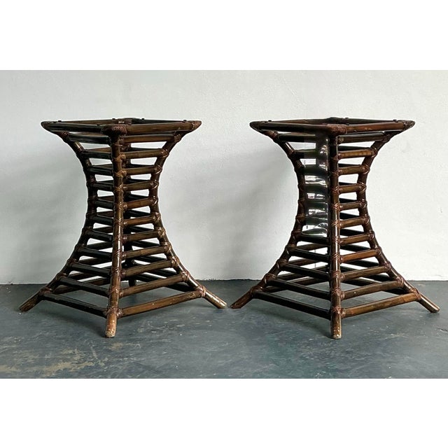 Vintage Boho Willow and Reed Stacked Rattan Table Pedestals - A Pair For Sale - Image 11 of 12