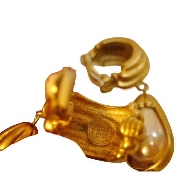 Modern Givenchy 1980s Matte Gold Plated Carved Glass Pearl Drop Earrings, 2 Pieces For Sale - Image 3 of 3