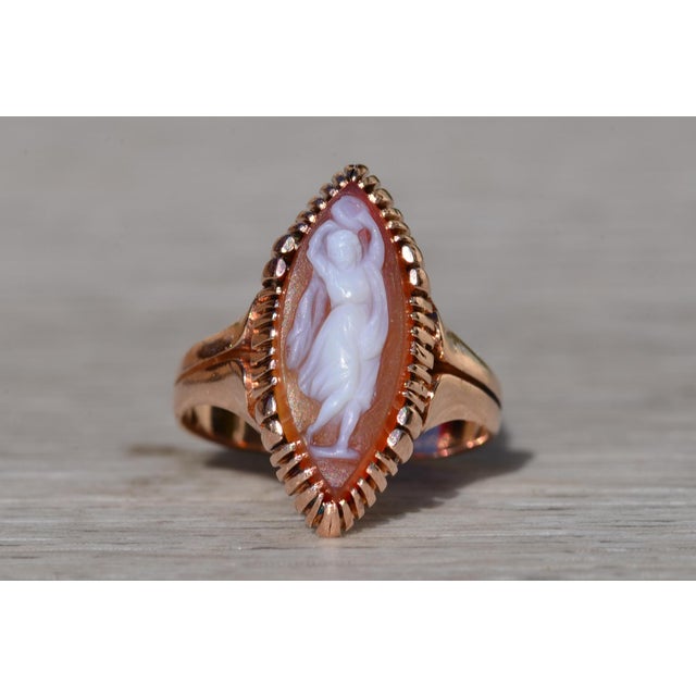 Contemporary Antique Victorian 14K Rose Gold Navette Shaped Cameo Ring For Sale - Image 3 of 10