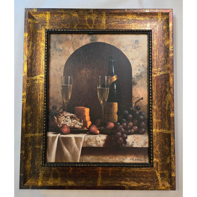 Pair, Loren Speck, Vintage Italian-Style Framed Still-Life Art Prints Titled Wine Bottle & a Date to Remember For Sale - Image 11 of 13