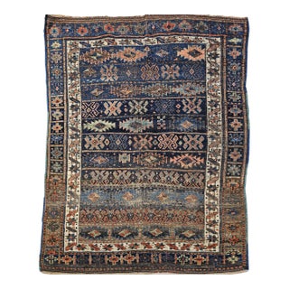 Antique Caucasian Shahsavan Tribal Rug, Hand-Knotted Wool, Geometric Pattern, Navy & Green, 5x6 For Sale