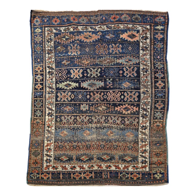 Antique Caucasian Shahsavan Tribal Rug, Hand-Knotted Wool, Geometric Pattern, Navy & Green, 5x6 For Sale