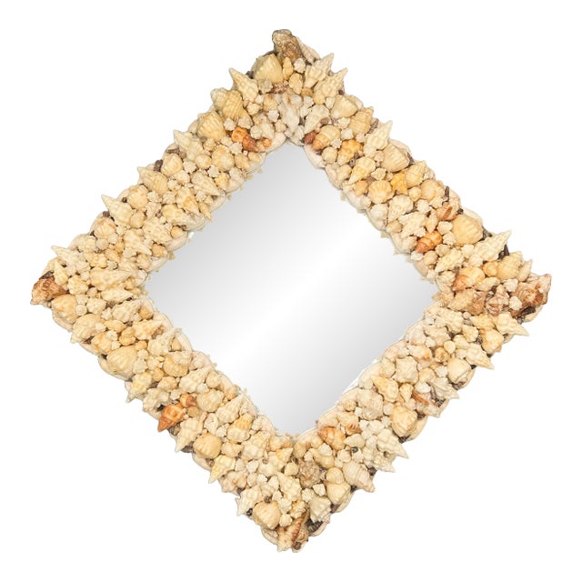 Signed Vintage Diamond-Shaped Seashell Shell Encrusted Wall Mirror – Coastal / Organic Modern For Sale