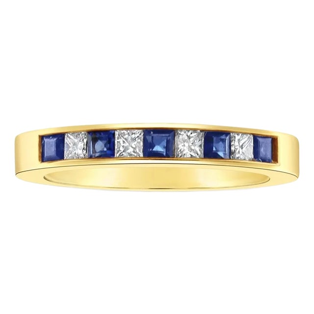 Princess Cut Diamond & Sapphire Wedding Band 14k Yellow Gold, Size 8.5 For Sale
