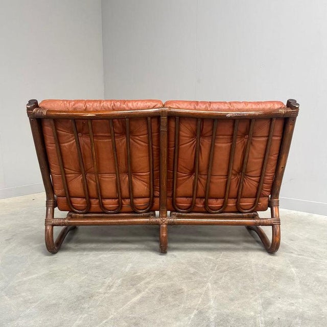 Brown Vintage Bamboo and Leather Sofa, 1970s For Sale - Image 8 of 15