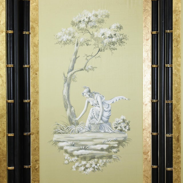 Yellow Vintage Neoclassical Four-Panel Folding Screen – Hand-Painted Silk With Faux Bamboo Frame For Sale - Image 8 of 15