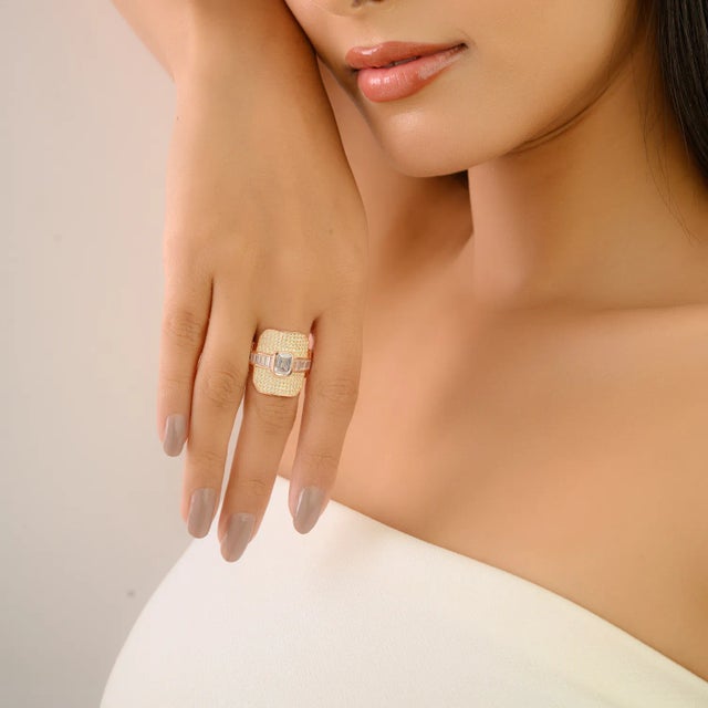 Rose Rose Gold Plated Art Deco Ring With Emerald Cut & Baguette Cubic Zirconia - Size 8 For Sale - Image 8 of 10