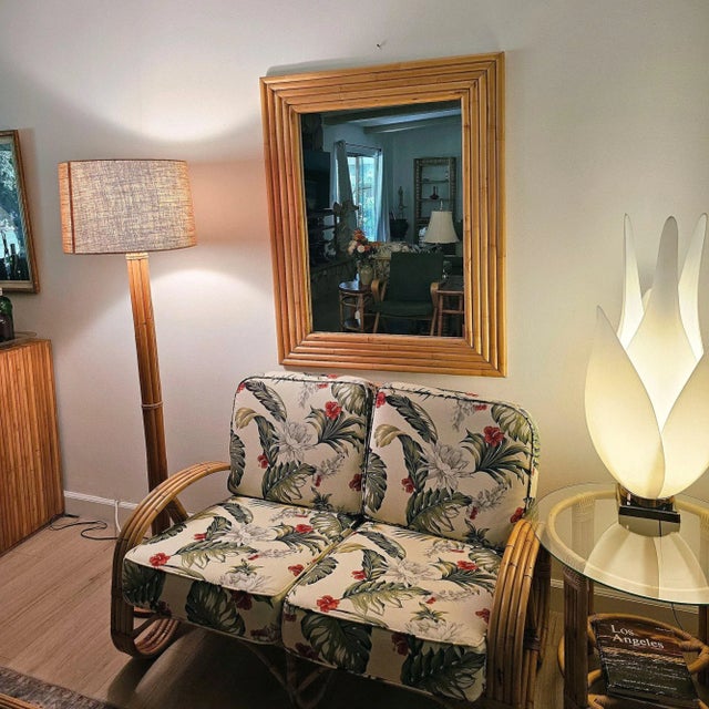 Restored MCM 1948 Five-Strand 40" Rattan Wall Mirror by Tropical Sun Rattan Co For Sale In Los Angeles - Image 6 of 6