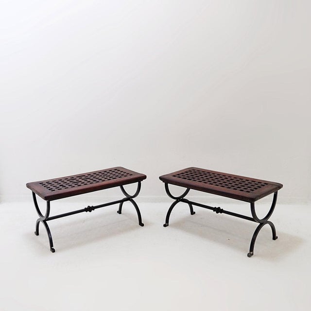 Benches in Openwork Wood with Wrought Iron Legs, Set of 2 For Sale - Image 6 of 13