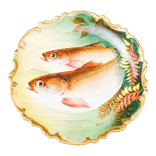 Mid 20th Century Royal Limoges France Signed Brahic Hand Painted Porcelain Fish Cabinet Plate For Sale