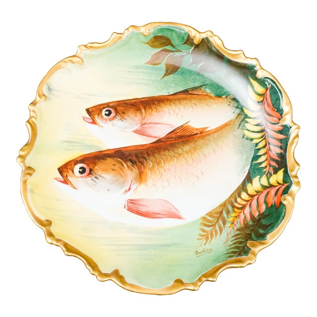 Mid 20th Century Royal Limoges France Signed Brahic Hand Painted Porcelain Fish Cabinet Plate For Sale