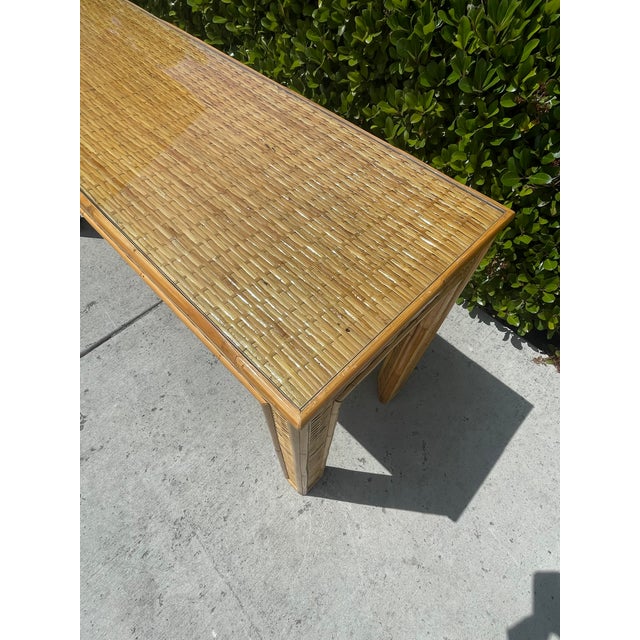 Wood Vintage Coastal Style Wicker Console Table With Glass Top For Sale - Image 7 of 7