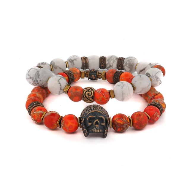 Gemstone Warrior Soul Bronze Indian Chief & Jasper Beaded Bracelet Set For Sale - Image 7 of 7