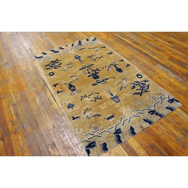 1870s Champagne Vase Qing Antique Chinese Ningxia Rug 3' X 5' Knotted Wool Carpet For Sale In New York - Image 6 of 9