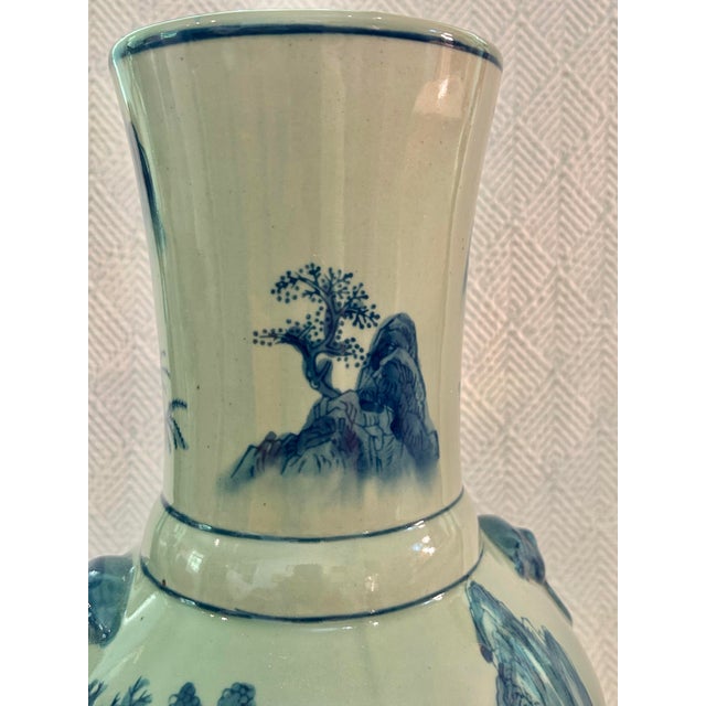 Vintage Chinoiserie Celadon & Cobalt Blue Vase With Lion Mask Handles For Sale In New Orleans - Image 6 of 11