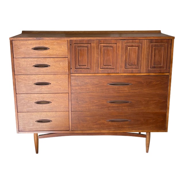 1960's Broyhill Sculptra Walnut Magna Chest Highboy Dresser For Sale