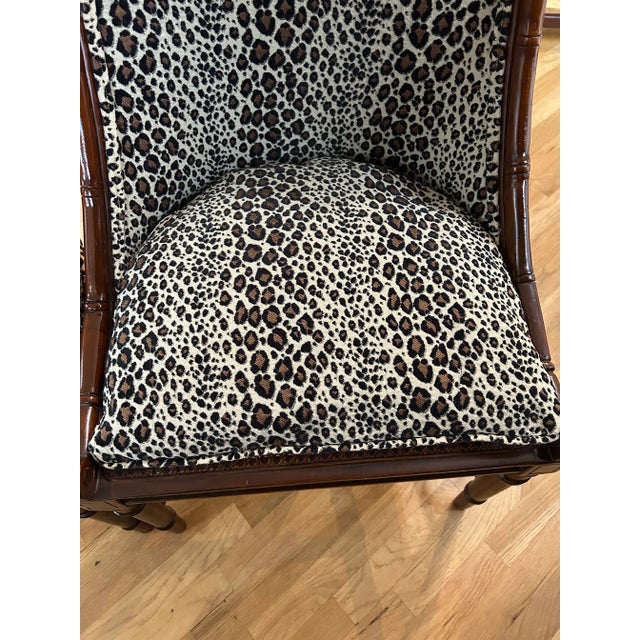 1970’s Regency Faux Bamboo Chairs With Caned Seats and Leopard Upholstery - a Pair For Sale - Image 9 of 12
