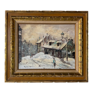 1970s Vintage Impressionist Winter Cityscape Oil Painting by Mitchell
