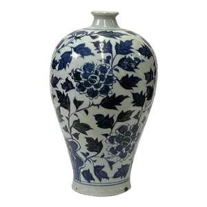 Chinese Blue White Porcelain Flower Graphic Fat Round Shape Vase