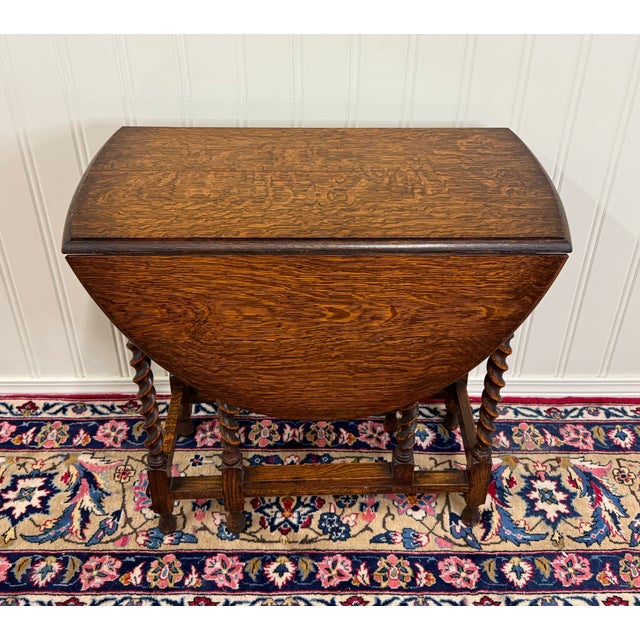 1920s Antique English Table Drop Leaf Gateleg Barley Twist Oak Oval C. 1920-30s For Sale - Image 5 of 17