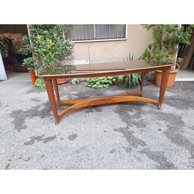 Metal Wooden Palazzi Dell'Arte Esposizione Dining Table with Brass Ends and Burgundy Glass from La Permanente Mobili Cantù, 1950s For Sale - Image 7 of 16