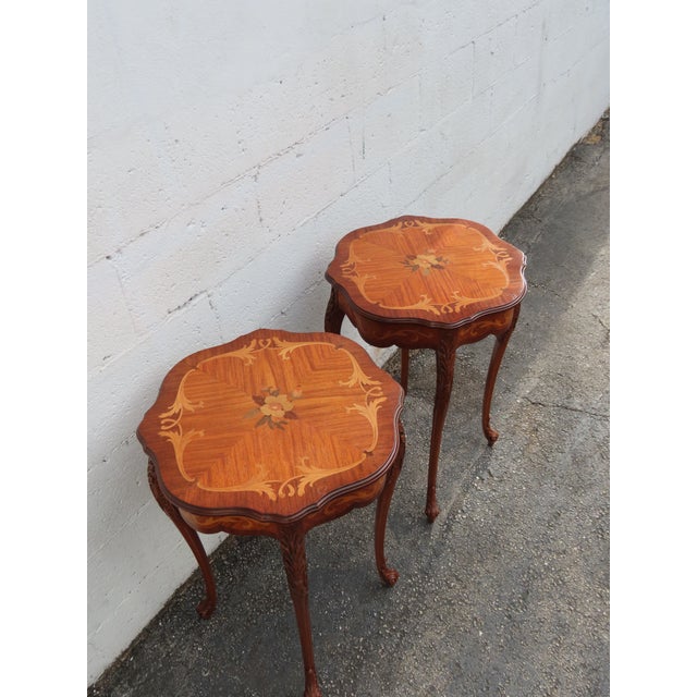 Early 20th Century Early 1900s French Carved Inlay Round Side End Tables a Pair 6375a For Sale - Image 5 of 14