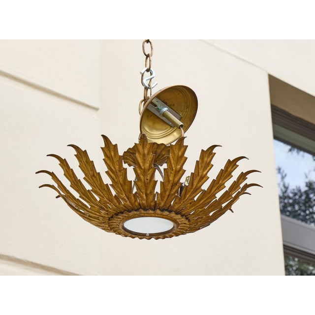 1950s Spanish Gilt Metal Leaf Light Fixture with Frosted Glass For Sale In Atlanta - Image 6 of 11