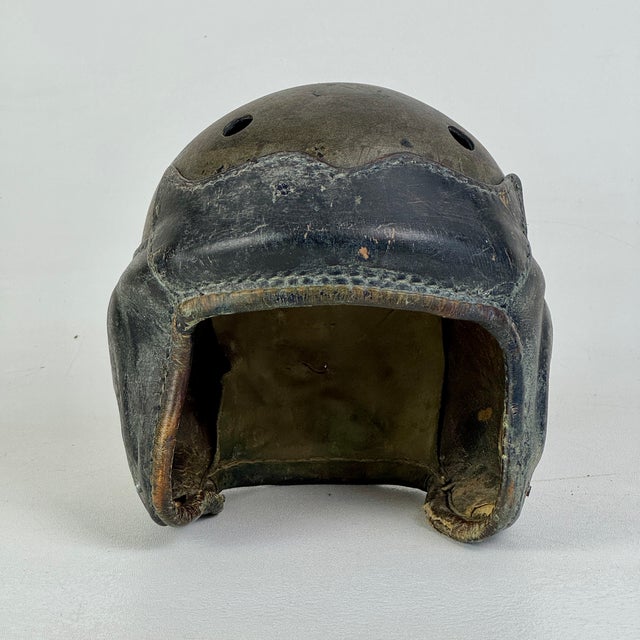 American Vintage 1940s Leather Football Helmet in Black and Hunter Green For Sale - Image 3 of 7