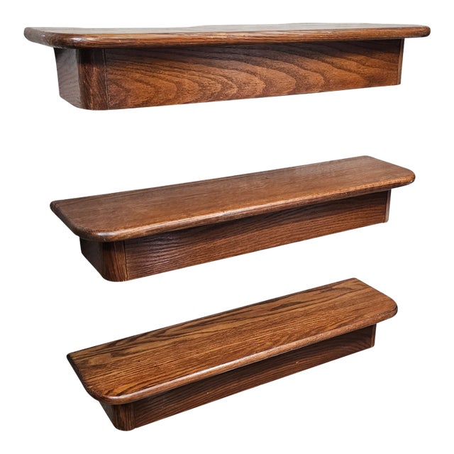 Mid Century Floating Oak Shelves Coved Rounded Corners Set of (2) 21"l For Sale