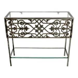 Polished Cast Iron Ornament 2 Tier Glass Top Lower Shelf Console Sofa Table