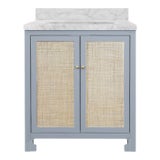 Matthew Izzo Home Boyd Light Blue Matte Lacquer Single Porcelain Sink Bath Vanity With Carrara Marble Top & Backsplash, 2 Caned Doors, and Brass Knobs For Sale