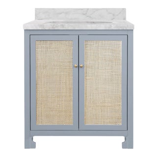 Matthew Izzo Home Boyd Light Blue Matte Lacquer Single Porcelain Sink Bath Vanity With Carrara Marble Top & Backsplash, 2 Caned Doors, and Brass Knobs For Sale