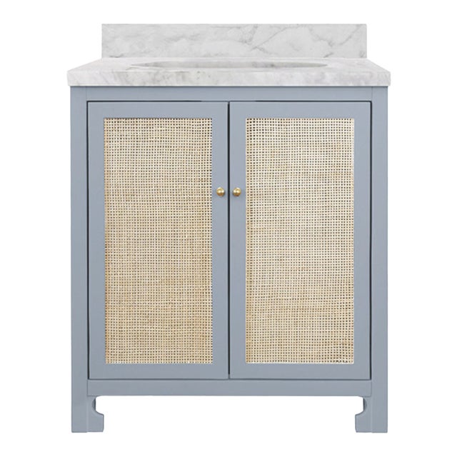 Matthew Izzo Home Boyd Light Blue Matte Lacquer Single Porcelain Sink Bath Vanity With Carrara Marble Top & Backsplash, 2 Caned Doors, and Brass Knobs For Sale
