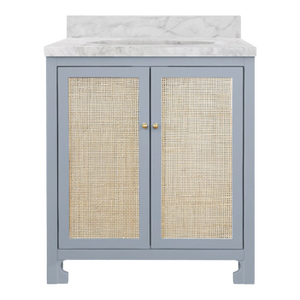 Matthew Izzo Home Boyd Light Blue Matte Lacquer Single Porcelain Sink Bath Vanity With Carrara Marble Top & Backsplash, 2 Caned Doors, and Brass Knobs