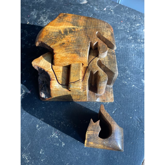 Burnt Umber Richard Rothbard Hand Made Burl Wood Cat Puzzle Jewelry Box 20th Century For Sale - Image 8 of 12