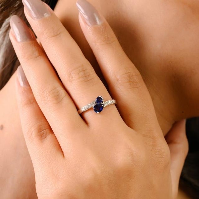 Ink Blue Two Stone Pear Cut Sapphire & Diamond Bypass Ring in 14k Solid Gold Size 5.5 For Sale - Image 8 of 16