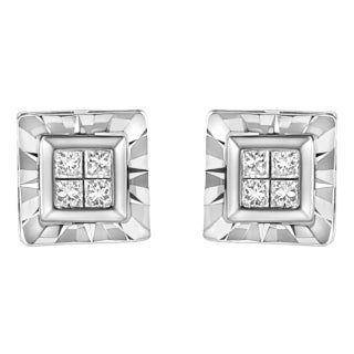 .925 Sterling Silver 1/6 Cttw Invisible Set Princess-Cut Diamond Quad Composite Stud Earrings (H-I Color, I1-I2 Clarity) - 2 Pieces For Sale