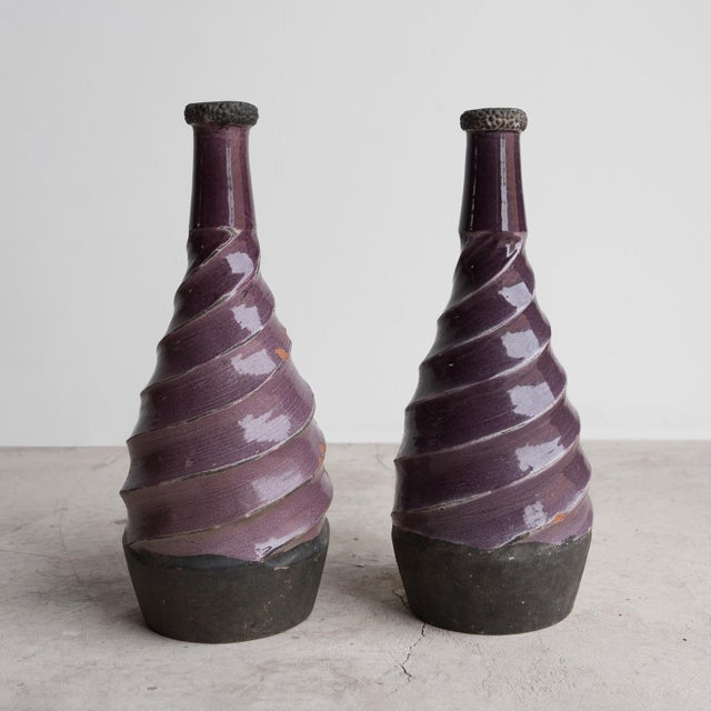 Mid 20th Century Pair of Vintage Twisted Violet Glazed Terracotta Pottery Vases, Mid 20th Century For Sale - Image 5 of 13