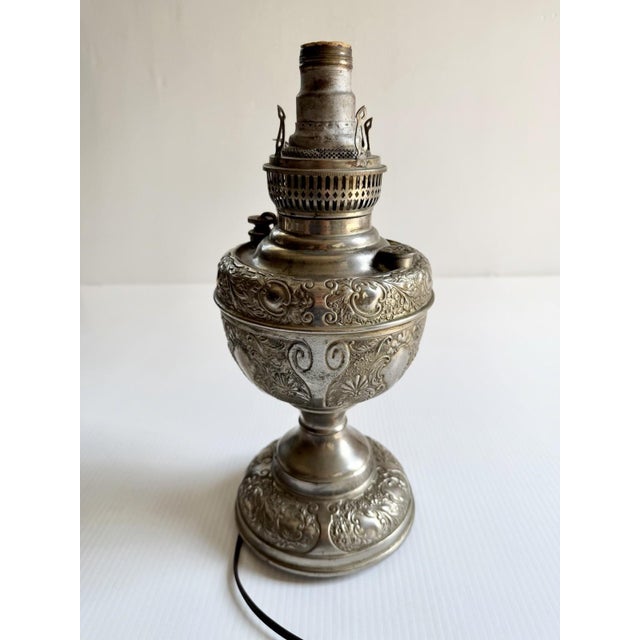 Victorian The Meteor Silver Repousse Antique Oil Lamp, Converted to Electric For Sale - Image 3 of 18