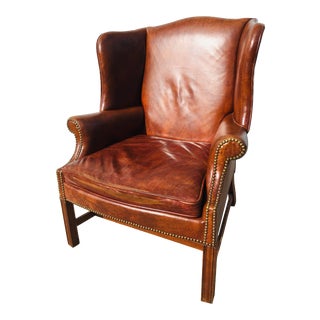 Vintage Classic Brown Leather Wingback Chair. For Sale