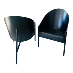Philippe Starck "Pratfall" 1980's Pair of Lounge Chairs in Black Lacquer and Black Leather