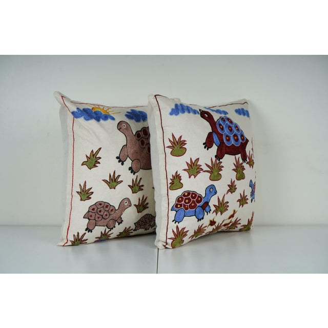 Mid-Century Modern Embroidered Tortoise Pillow Cover - Set of Two For Sale - Image 3 of 6