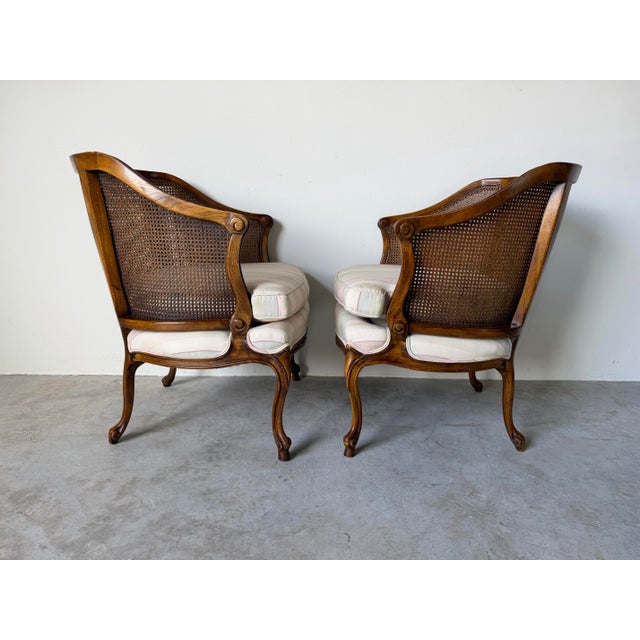 1960s Vintage French Provincial Louis XV-Style Carved Walnut & Cane Club Chairs – Pair For Sale - Image 4 of 13