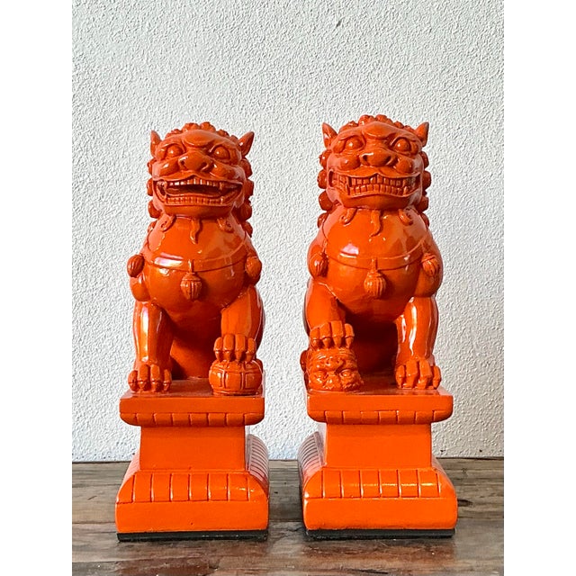 Vintage Lacquered Orange Foo Dogs - A Pair For Sale - Image 10 of 12