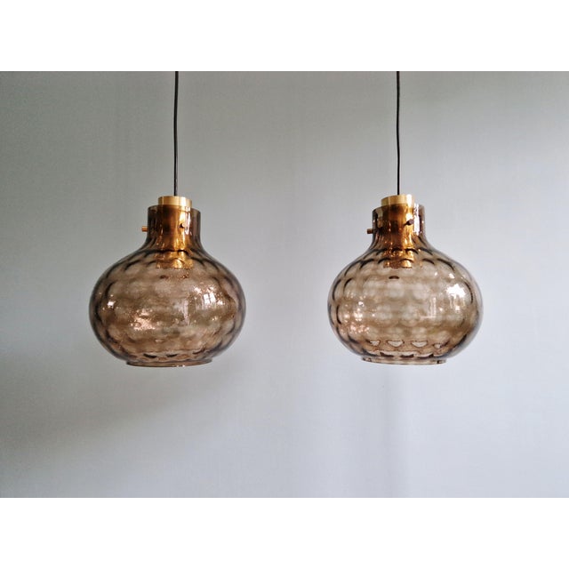 Brass and Smoked Blown Glass Pendant Lights from Glashütte Limburg, 1970, Set of 2 For Sale - Image 18 of 18