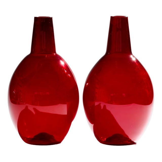 Sculptural Ruby Red Glass Calabasse Vases by Wilhelm Braun-Feldweg for Hirschberg, 1950s, Set of 2 For Sale