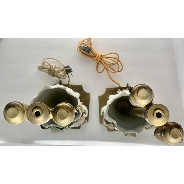 Antique Hand Painted Porcelain Urn Table Lamps in the Style of Capodimonte on Engraved Brass Pedestal Bases- a Pair For Sale In San Antonio - Image 6 of 13